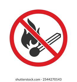 No hay símbolo de icono de fuego abierto. No hay señal de logotipo de destello de llama abierta. No está permitido, no hagas fuego. Prohibición, prohibido, prohibido. Ilustración vectorial. Aislado sobre fondo blanco.