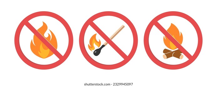No hay iconos de fuego abiertos. Juego de señales de peligro con llama, fósforo y fogata. Ilustración vectorial aislada en un fondo blanco.