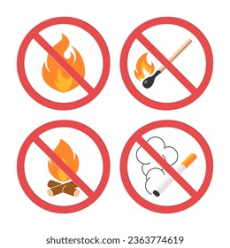 No hay iconos de fuego abiertos. Juego de señales de peligro con llama, fósforo, fogata y cigarrillo en llamas. Ilustración vectorial aislada en un fondo blanco de estilo plano