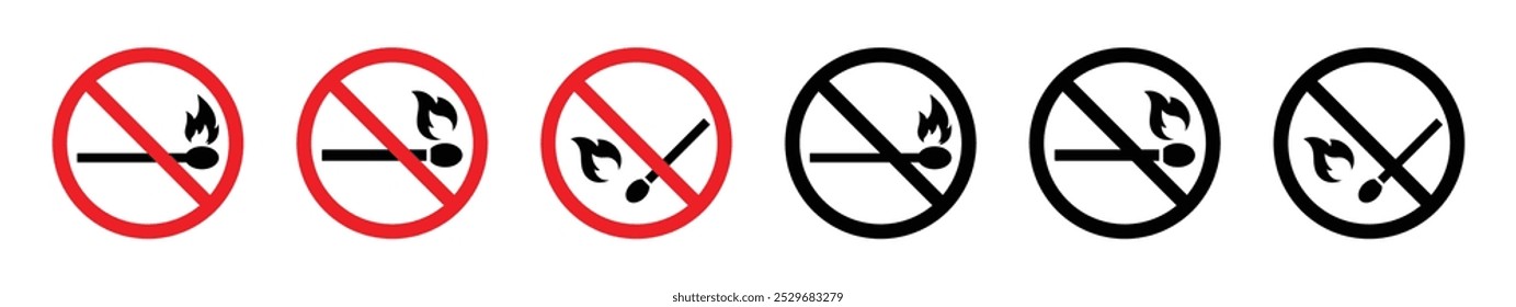 No open fire sign isolated set. Set of no fire sign symbol red and black color. No open fire burning symbol. Ban matchstick symbol. No open flame. Prohibited signs symbol. Ban sign vector icons.