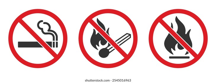 No hay fuego abierto, no hay símbolo de icono de fumar. No hay señal de logotipo de destello de llama abierta. No está permitido, no hagas fuego. Prohibición, prohibido, prohibido. Ilustración vectorial. Aislado sobre fondo blanco.