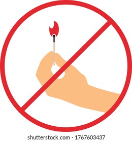 No open fire symbol. Black match with flame in a red crossed circle. Forbidden sign with a burning match. Prohibition sign during earthquake. Vector stock illustration isolated