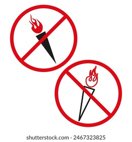 No open flame icons. Fire forbidden Vector signs. Safety warning.
