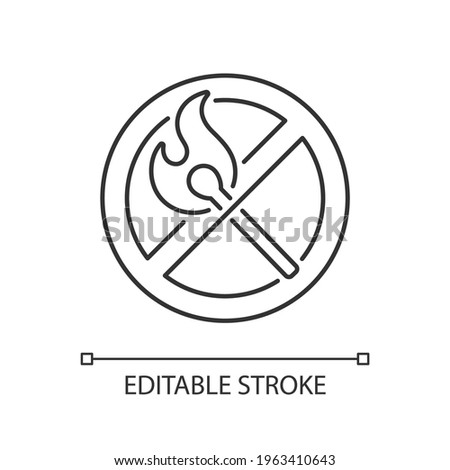 No open flame linear icon. Burning match, restriction label. Sign for forbidden Fire safety. Thin line customizable illustration. Contour symbol. Vector isolated outline drawing. Editable stroke