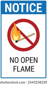 No open flame notice sign. Matchstick with a flame in a red crossed circle