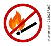 No open flame sign. No fire prohibition sign. Flat vector illustration, Match and flame.