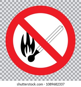 No open flame sign. No fire, No access with open flame prohibition sign. Red, black and white vector illustration.