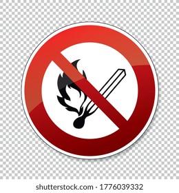 No open flame sign.  No fire, No access with open flame or no smoking, prohibition sign, on checked transparent background. Vector illustration. Eps 10 vector file.