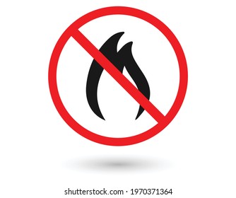No open flame sign. No fire, No access with open flame prohibition sign. Red, black and white vector illustration.