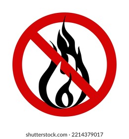 No open flame sign. No fire icon with black and white fire flame crossed out in red circle. Vector illustration in flat style isolated on white background