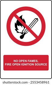 No open flame sign. No fire, No access with open flame prohibition sign. Red, black and white vector illustration. Attention, stop do not open fire or flame zone sign. Vector prohibition, no ban picto