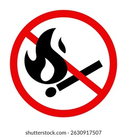 No open flame sign. No fire prohibition sign. Flat vector illustration, Match and flame.