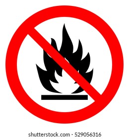 No open flame sign. No fire, No access with open flame prohibition sign. Red, black and white vector illustration.
