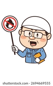 [No open flames] Illustration of a worker working in a factory or on-site holding a prohibition sign
