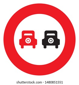 No overtaking, road traffic sign with two old cars, vector icon. Circular prohibition sign., retro style.
