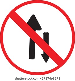 No adelantar la señal de tráfico con el símbolo rojo de la prohibición en el fondo blanco – Pasando la señal de carretera de la restricción, la regulación de tráfico y el concepto de seguridad de conducción, símbolo prohibido de la maniobra, señalización del control de carretera para las reglas del Transporte y la seguridad Urbana de la carretera.