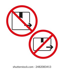 No package delivery icons. Red prohibition circles. Black arrow symbols. Vector restriction set.