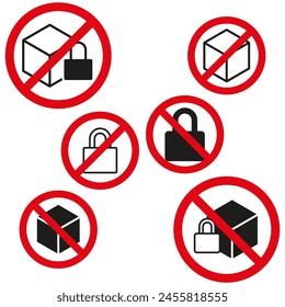 No hay símbolos de bloqueo de paquete definidos. Vector de signos de caja desbloqueada. Iconos de candado de seguridad prohibidos.