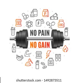 No Pain No Gain Concept with Realistic Detailed 3d Black Dumbbell and Thin Line Icons. Vector illustration