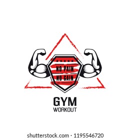 No pain no gain. Gym workoun motivation quote with muscular arm. Fitness, bodybuilding concept.