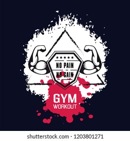No pain no gain. Gym workoun motivation quote with muscular arm on grungy background with paint brush strokes. Fitness, bodybuilding concept.