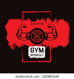 No pain no gain. Gym workoun motivation quote with muscular arm o grungy background with paint brush strokes. Fitness, bodybuilding concept.