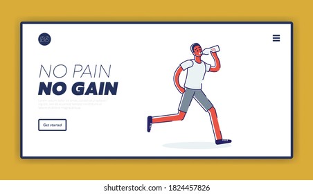 No pain no gain landing page concept with athlete running tired and exhausted. Never give up and struggle motivation background. Linear vector illustration