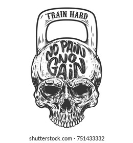 No pain no gain. Train hard. Skull in the form of a weight. Vector design element