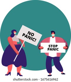 No panic about covid 19. Vector flat illustration. Girls and boy with a poster. Human pandemia. People in protective face dust masks. 