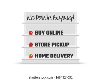 No panic buying. Encouraging customer to use services such as buy online, store pickup and home delivery. Avoid busy supermarkets. Stay at home and prevent Covid-19 virus. New coronavirus outbreak.