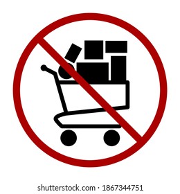 No Panic Buying Sign With A Full Shopping Cart Or Trolley Icon. Vector Image.