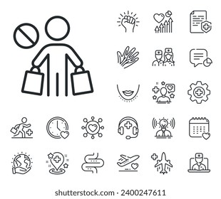 No panic buying sign. Online doctor, patient and medicine outline icons. Stop shopping line icon. Man with shopping bags symbol. Stop shopping line sign. Vector