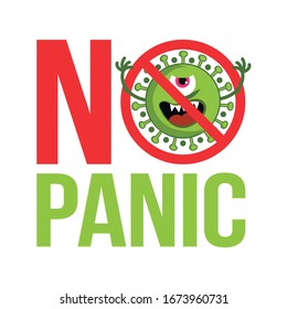 No Panic - STOP coronavirus (2019-ncov) - hand drawn cute virus or bacterium - Awareness lettering phrase. Coronavirus in China. Novel coronavirus (2019-nCoV). Concept of coronavirus quarantine.