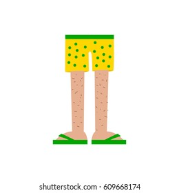 No pants concept. A pair of male or female hairy legs wearing green slippers and yellow shorts.