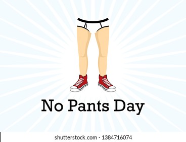 No Pants Day vector. Man in underpants cartoon character. Legs in sneakers vector. Male legs with red sneakers. Male legs with white shorts. Funny holiday. Important day