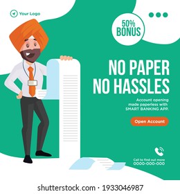 No paper no hassles banner design template. Man with a list. Vector graphic illustration.