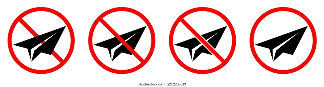 No paper plane sign. Paper plane is forbidden. Set of red prohibition signs of plane. Vector illustration