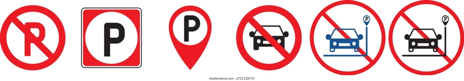 No hay conjunto de iconos de área de estacionamiento. Símbolo prohibido del aparcamiento. ninguna señal de aparcamiento en el fondo transparente. Conjunto de estacionamiento internacional diverso y sin señales de tráfico