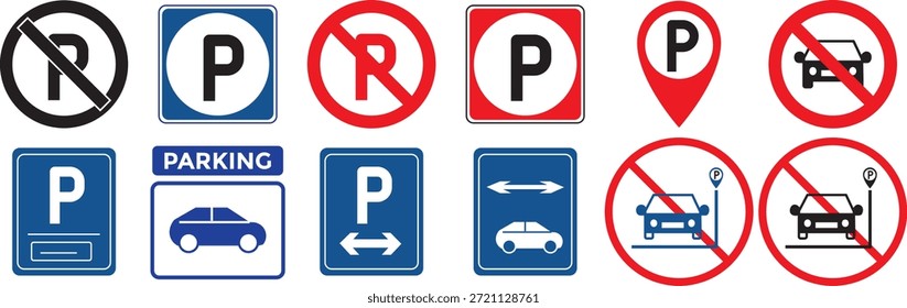 Nenhum ícone da área de estacionamento definido. Símbolo de estacionamento proibido. sem sinais de estacionamento no fundo transparente. Conjunto de estacionamento internacional diversificado e sem sinais de trânsito
