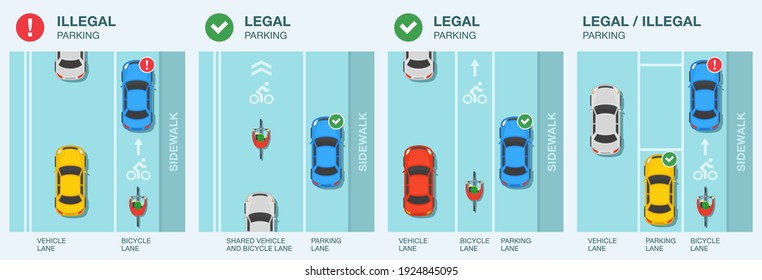 No parking in bicycle lanes traffic or road rule. Correct and wrong parking. Types of a city lanes. Top view of a sedan car and cyclist on a bicycle. Flat vector illustration template.