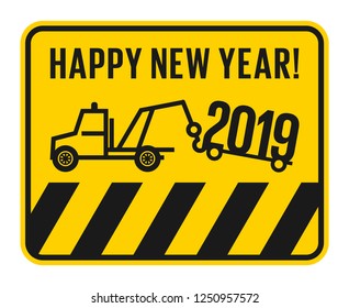 No parking or car salvage fun card with text Happy New Year, vector illustration