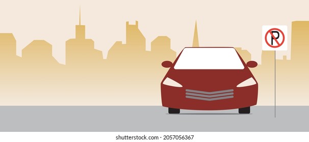 No parking, copy space template. Flat vector stock illustration. Backdrop with parking lot and parking prohibition. The car is in the city. Backdrop with place for text. Illustration for overlay