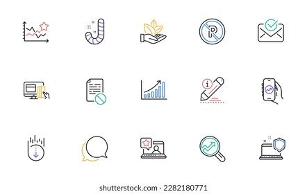 No parking, Edit and Online payment line icons for website, printing. Collection of Wrong file, Approved mail, Chat message icons. Scroll down, Ranking stars, Graph chart web elements. Vector