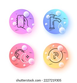 No parking, Food app and Tap water minimal line icons. 3d spheres or balls buttons. Sleep icons. For web, application, printing. Car park, Smartphone cake, Faucet. World and moon. Vector