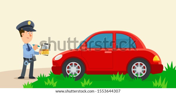 No parking on grass. Police officer writing the\
fine ticket for illegal parking on grass. Vector illustration flat\
design cartoon style.