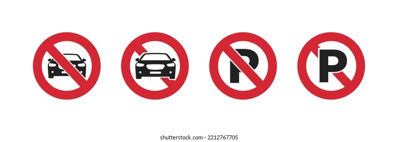 No hay aparcamiento. Juego de carteles prohibidos. No hay señal de estacionamiento. Iconos de ilustración vectorial. Colección de señales rojas prohibidas. Prohibir el automóvil. 