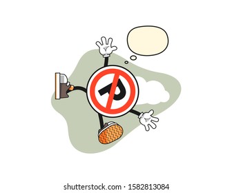 No parking sign fall from sky with thought bubble cartoon. Mascot Character vector.