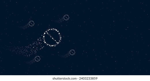 A no parking sign filled with dots flies through the stars leaving a trail behind. Four small symbols around. Empty space for text on the right. Vector illustration on dark blue background with stars