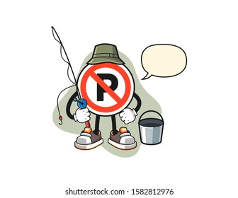 No parking sign fisherman with speech bubble cartoon. Mascot Character vector.