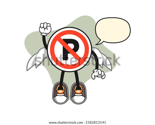 No parking sign fly with speech bubble cartoon.\
Mascot Character vector.